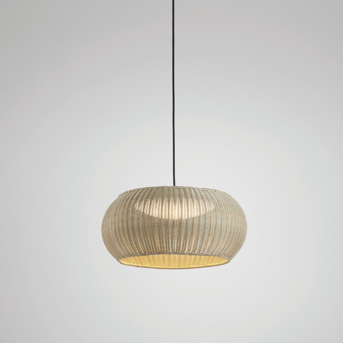 Perris S/47 Globe LED outdoor pendant light with a rounded beige woven shade and black cable, shown illuminated against a plain light grey background.