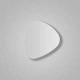 Tria 02 Wood LED wall light in a flat, pebble-like shape with a white satin finish, mounted on a plain light grey background, casting a soft shadow.