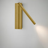 Arid A/03 Aluminium LED Wall Light in Textured Sand Yellow, featuring a ribbed vertical plate with an angled tube casting a focused light pool, on a plain white background.