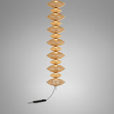 Yuyun S/13C fabric LED pendant light, a tall column of thirteen woven satin beige tiers on a single cable with visible warm-white glow, shown against a plain grey background.