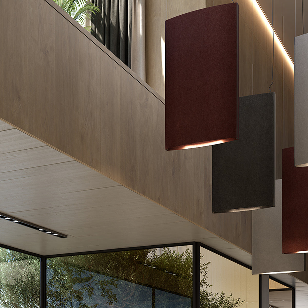 Noren S/72 Fabric LED Pendant Light in dark grey with curved panel shade, shown among other coloured pendants in a wood-panelled interior.
