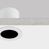 Nick Aluminium Round Recessed LED Downlight 6cm in white, shown in cross-section with ceiling plaster layer, revealing the round white trim and black interior recess.