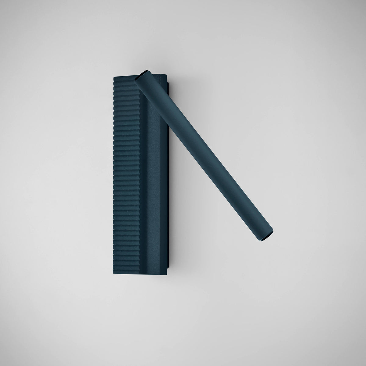 Arid A/03 aluminium LED wall light with ribbed rectangular backplate and angled tube in Textured Grey Blue finish, shown on a plain white background.
