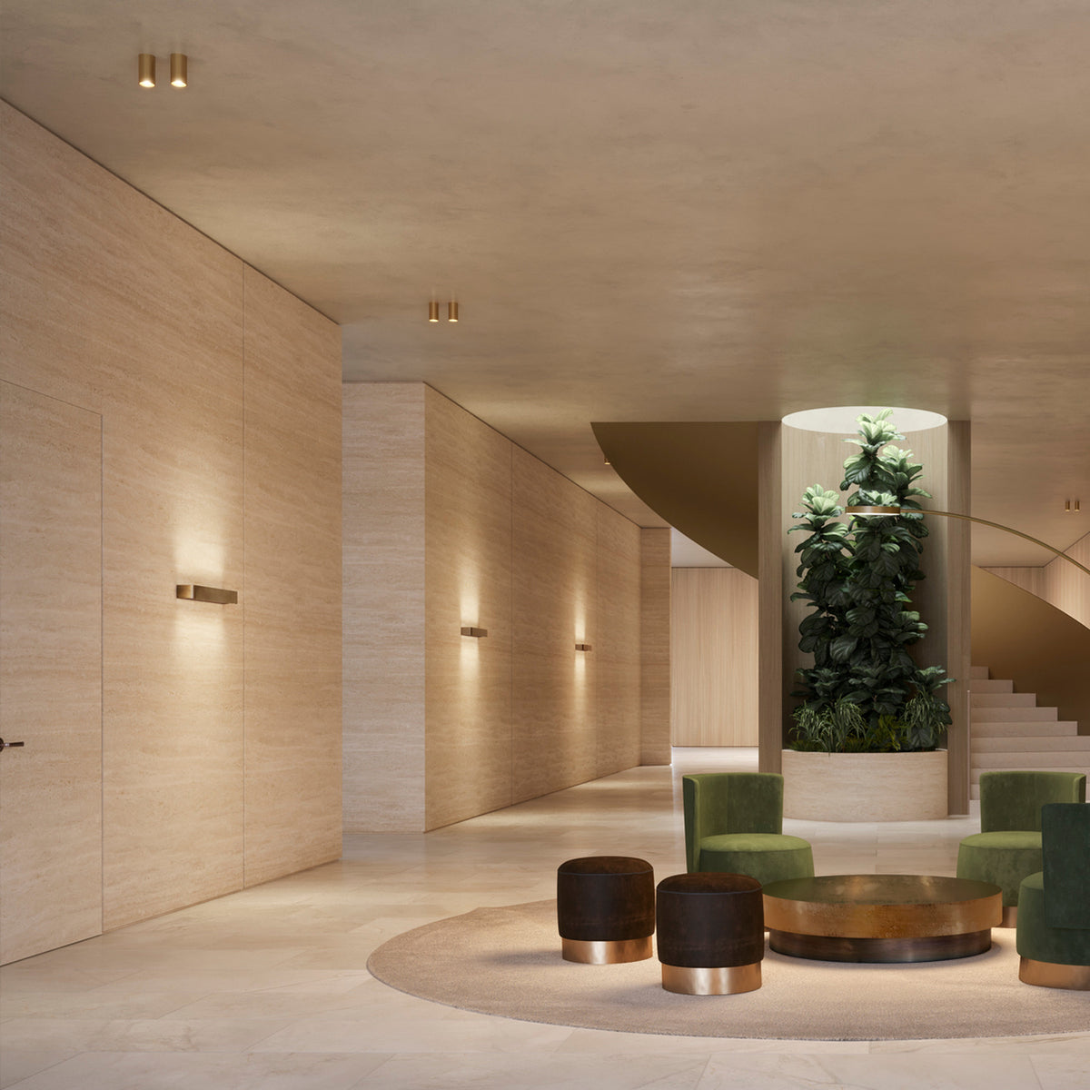 Toy R LED Wall Light, 43.7cm slim bar fixtures with rounded ends, mounted along a travertine hallway in a warm-toned lobby with soft up-and-down wall illumination.