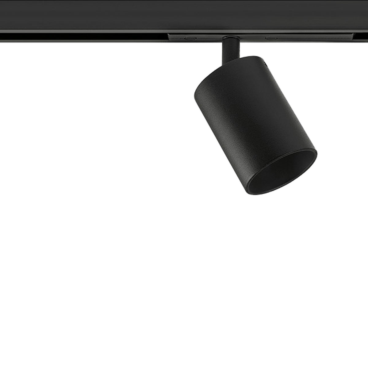 Soho 10 Aluminium LED Track Spotlight in matte black, a compact cylindrical head on a short stem mounted to a black track, shown against a plain white background.