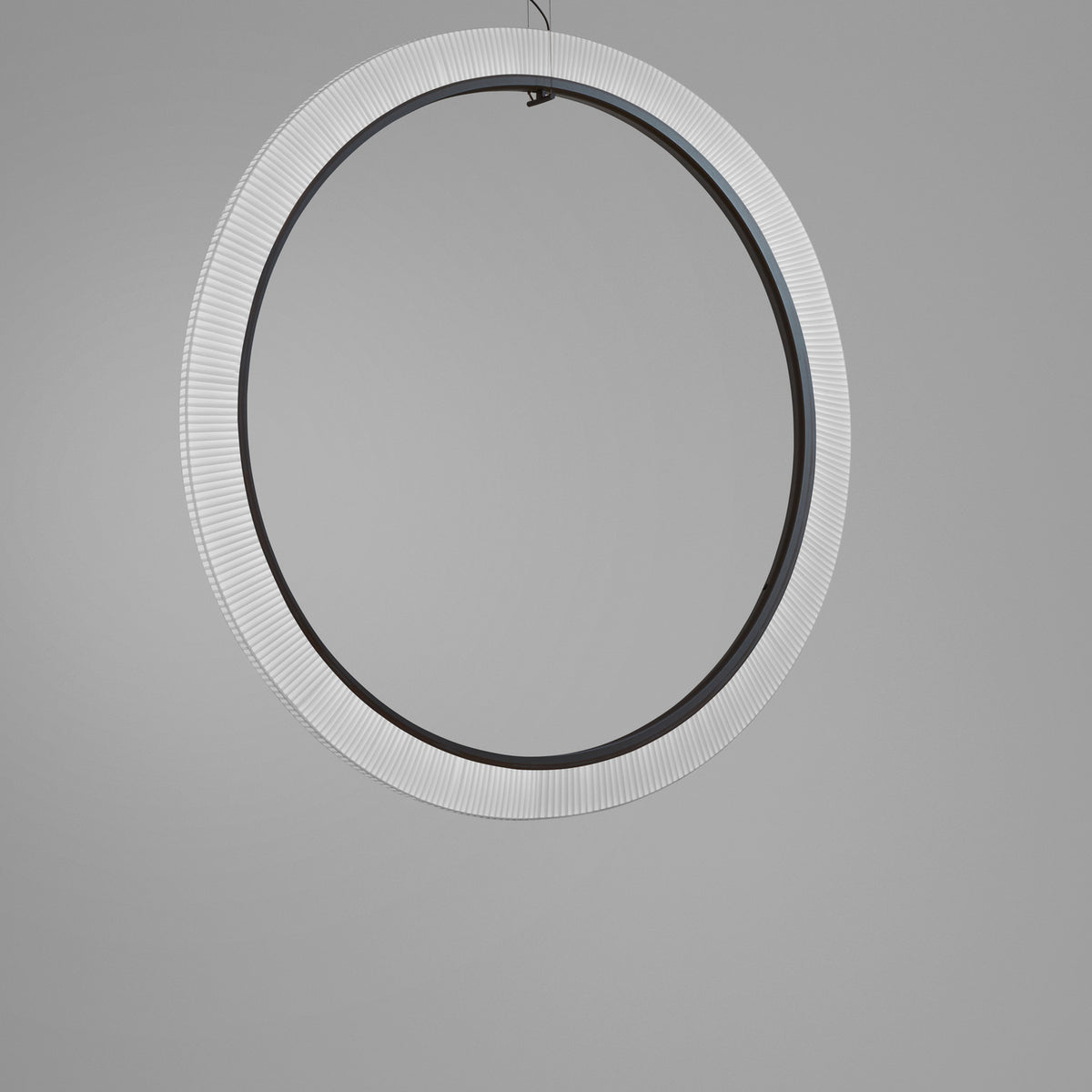 Roda S/200/V Ribbon Ring LED Pendant Light in White, a large vertical hoop with finely pleated translucent ribbon shade and dark inner ring, shown against a plain grey background.