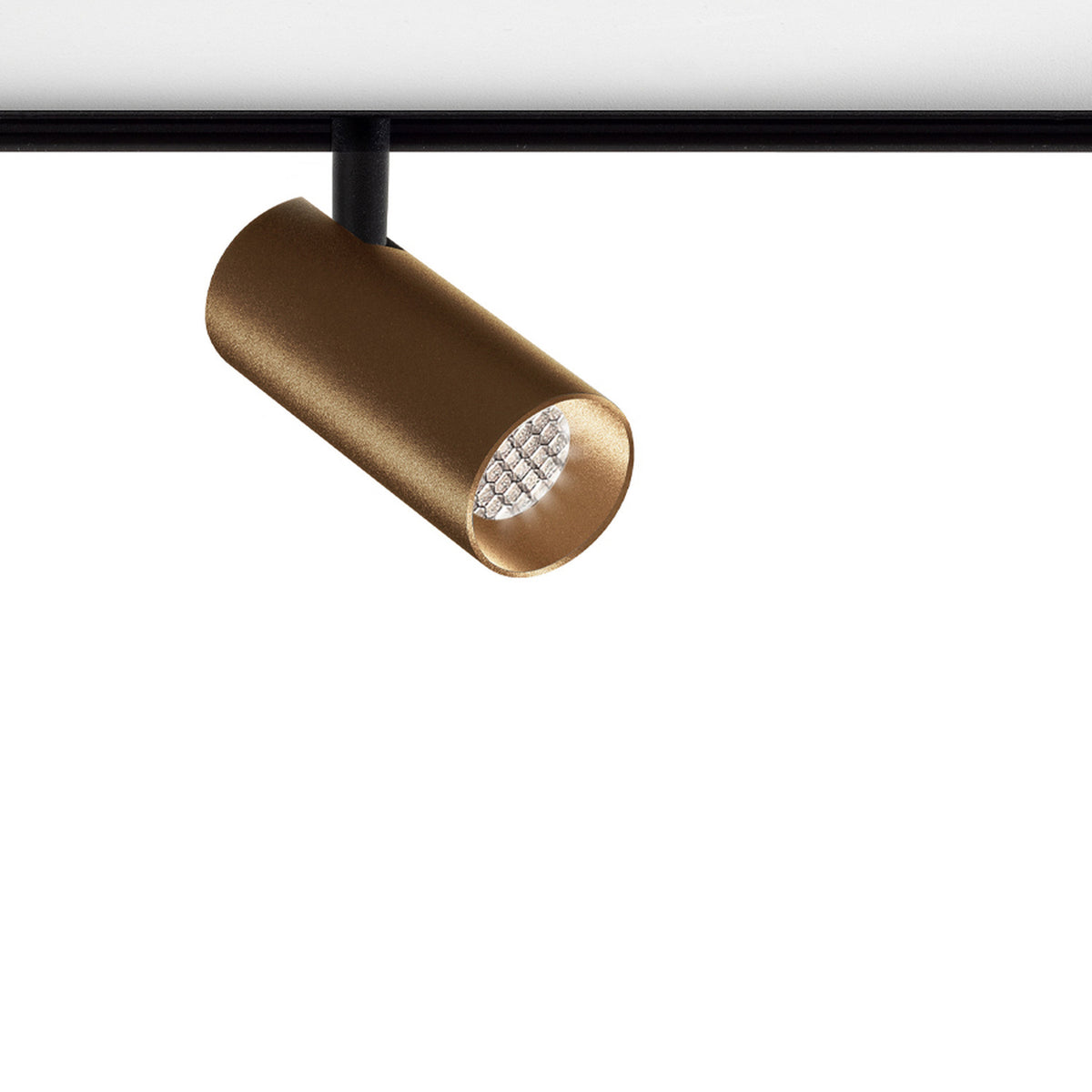 Street 3 aluminium LED track spotlight in brushed bronze, cylindrical head angled downward on a black stem and track, shown against a plain white background.