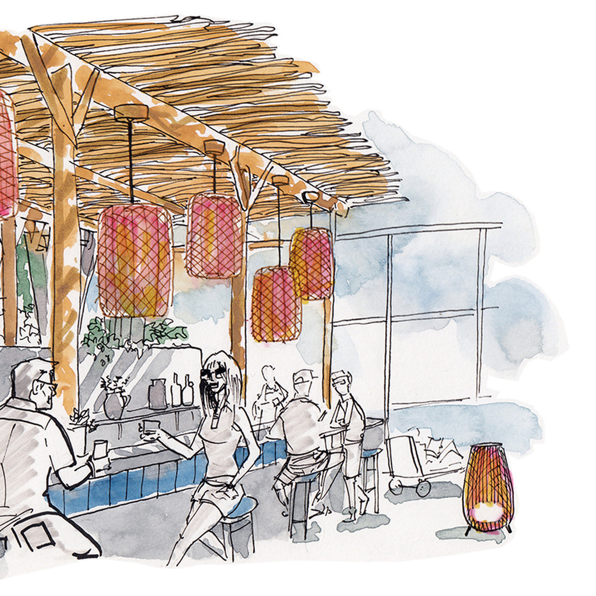 Nans S/21 woven LED outdoor pendant lights in red with cylindrical lattice shades, hung in multiples over a bar and dining area beneath a thatched pergola.