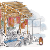 Nans S/21 woven LED outdoor pendant lights in red with cylindrical lattice shades, hung in multiples over a bar and dining area beneath a thatched pergola.