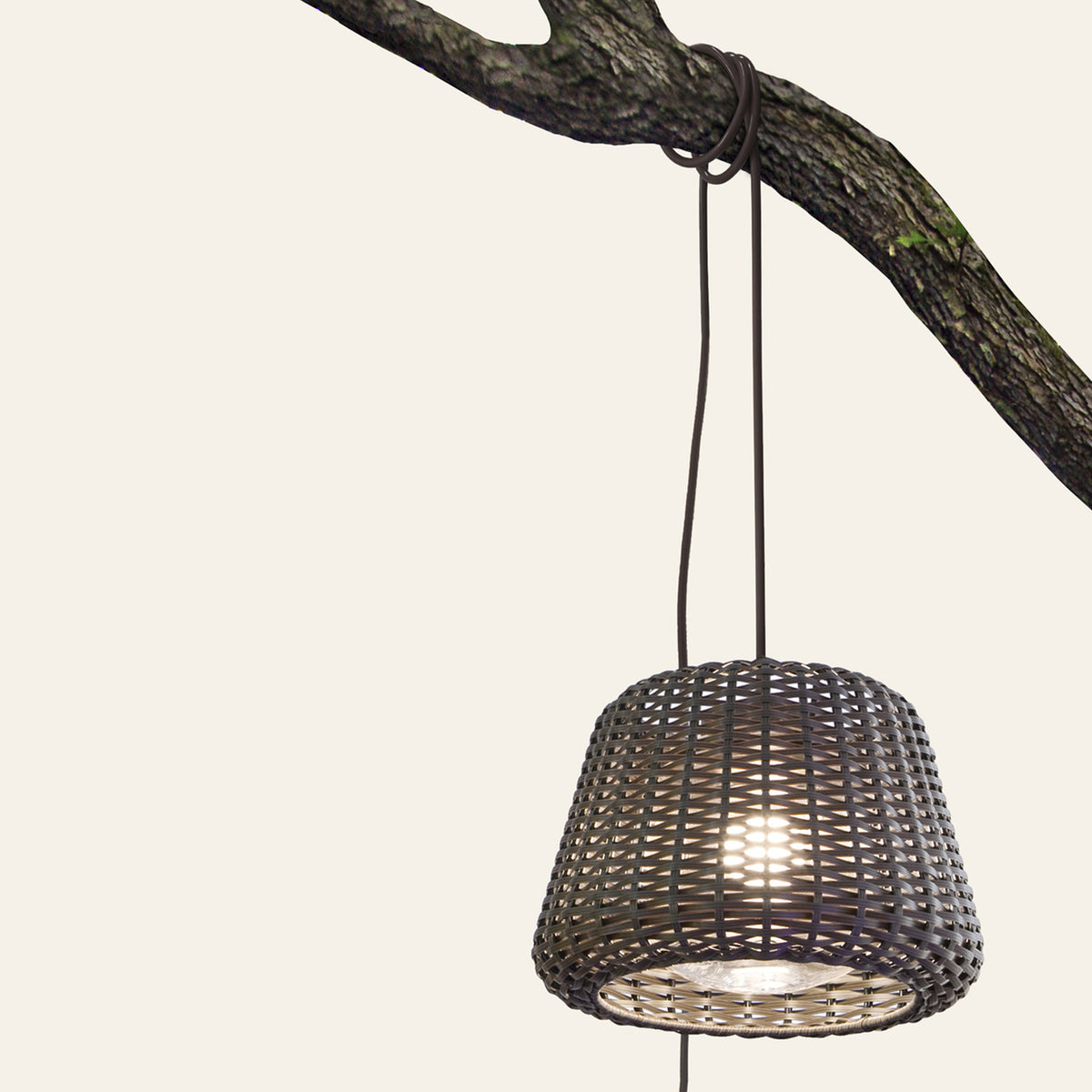 Ralph Woven Plug-in Outdoor Pendant Light 35cm in Metallic Brown, a tapered basketwork shade on a slim cable, hung from a tree branch against a plain background.