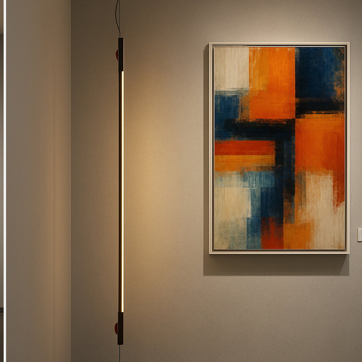 BIMU SV100 Metal Linear LED Pendant Light in black, a slim vertical light bar on fine cable with floor anchor, glowing warm white beside an abstract orange and blue framed artwork on a grey wall.