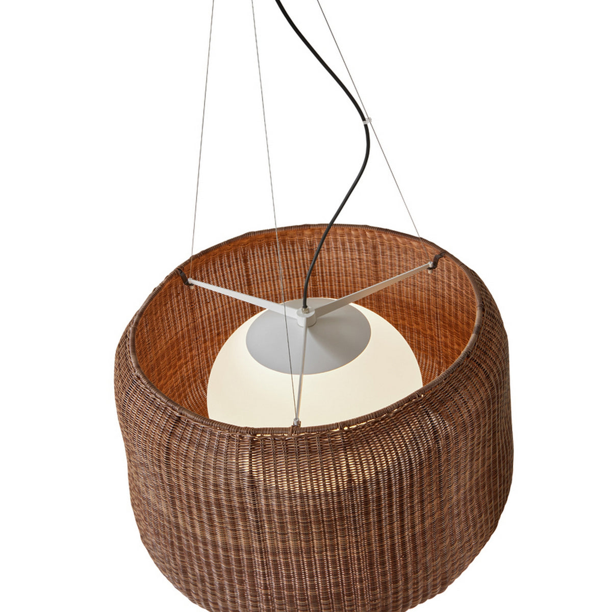 Fora S Rattan LED Outdoor Pendant Light in Rattan Brown, close-up of the woven drum shade with white globe diffuser and metal support frame visible inside, on a plain white background.