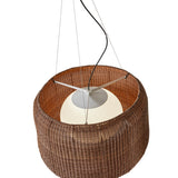 Fora S Rattan LED Outdoor Pendant Light in Rattan Brown, close-up of the woven drum shade with white globe diffuser and metal support frame visible inside, on a plain white background.