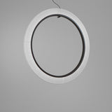 Roda S/150/V Ribbon Ring LED pendant light, a large circular fixture with white ribbon edge and dark inner ring, suspended on fine wires against a plain grey background.