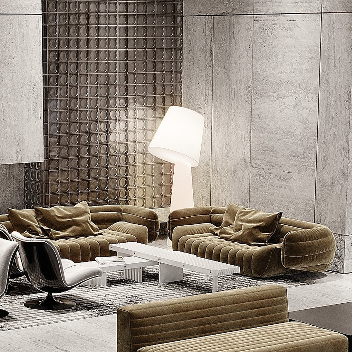 Big Brother 3 Light Fabric Floor Lamp in white, with a tall tapering base and tilted drum shade, shown glowing beside brown velvet sofas in a living room setting.