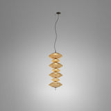 Yuyun S/7C fabric LED pendant light with seven stacked round woven tiers in satin beige, suspended from a single cable on a plain grey background.