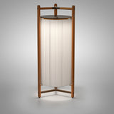 Kando P/111/R rechargeable floor lamp with pleated white ribbon cylinder shade, dark top disc, and wooden tripod frame, shown on a plain grey background.