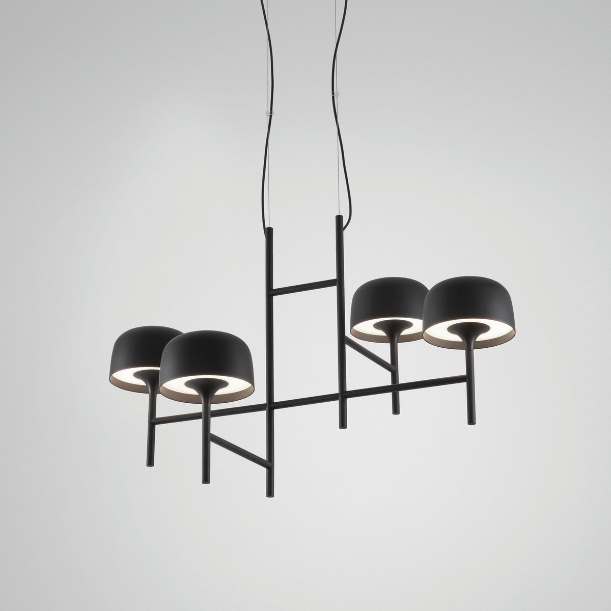 Bol S/4L 4 Light LED Pendant Light with a ladder-style black frame and four dome shades on angled stems, shown on a plain light grey background.