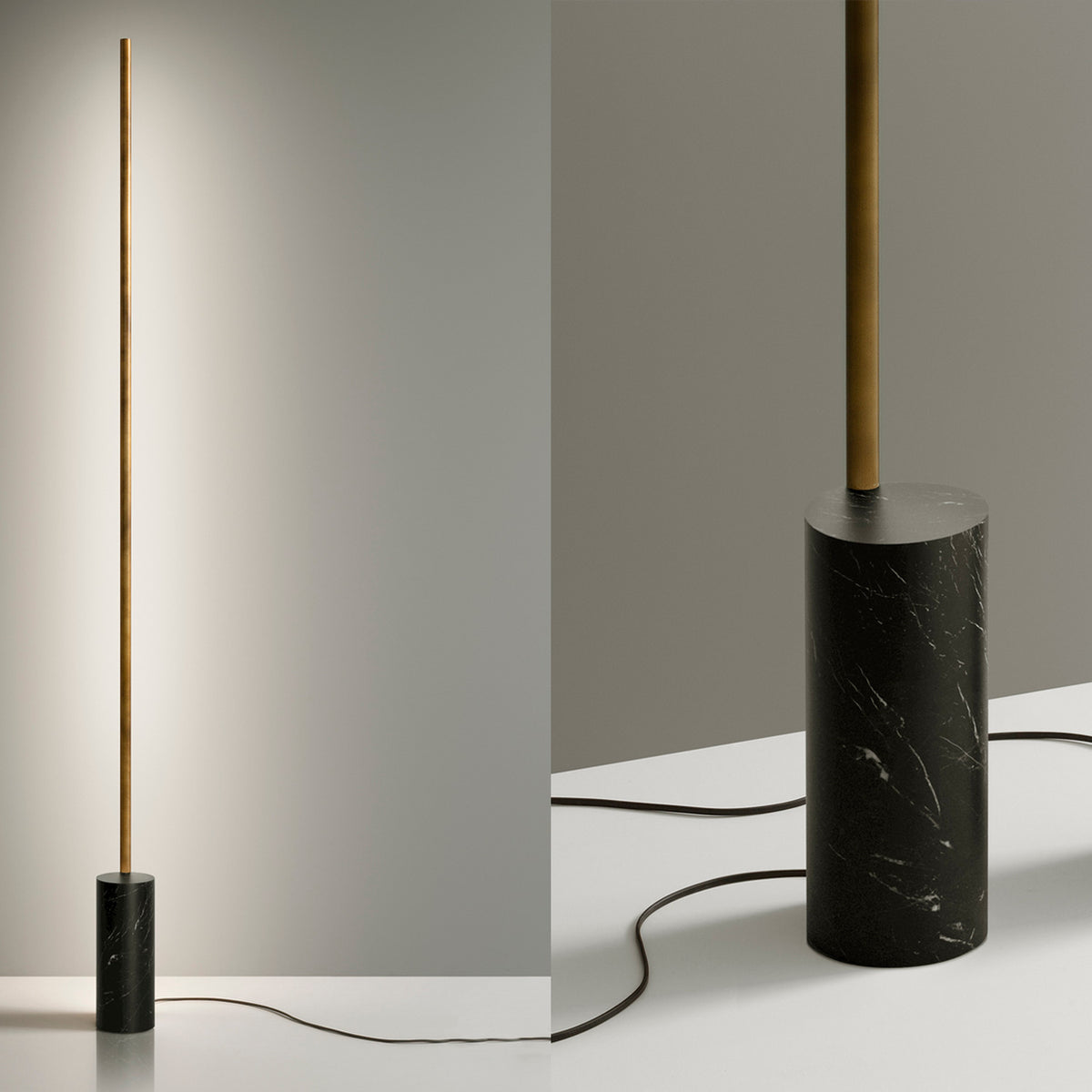 Hilow Line Nero Marquina linear floor lamp with slim brushed bronze rod and black marble cylinder base, shown lit and in close-up detail against a neutral background.