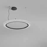 Roda S/120 Ribbon Ring LED pendant light, a large white translucent ribbon-shaded ring with a dark inner band, suspended from a black ceiling mount against a plain grey background.