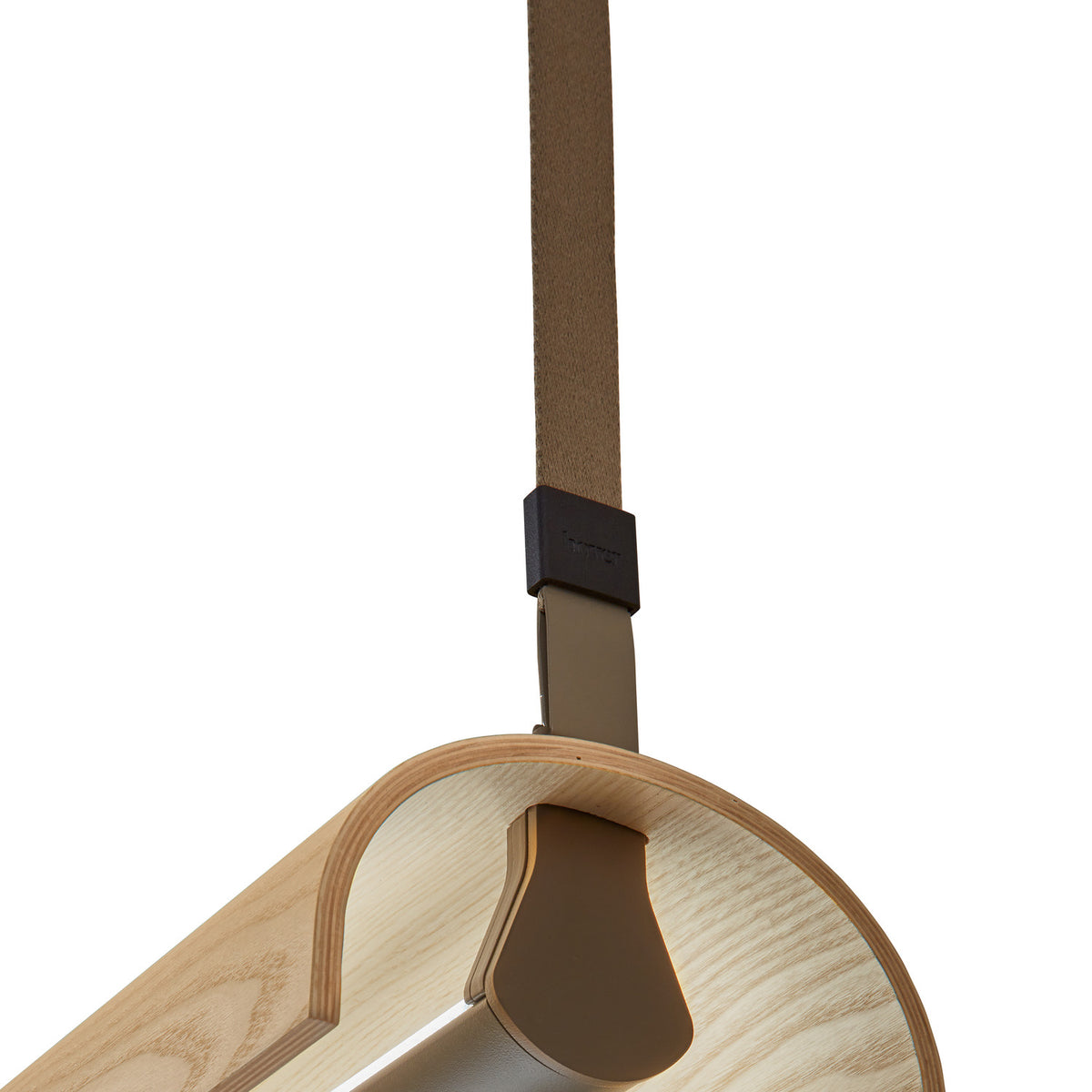 Close-up of the Aluet S/100 wood LED pendant light showing the ash wood shade's curved edge, integrated LED strip, and beige cotton strap with metal bracket on a white background.
