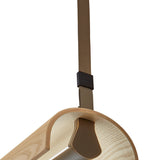 Close-up of the Aluet S/100 wood LED pendant light showing the ash wood shade's curved edge, integrated LED strip, and beige cotton strap with metal bracket on a white background.
