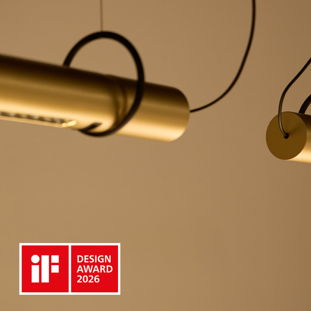 Solid SH Sens 100 Tube LED pendant light in brass, a slim cylindrical fixture with black suspension wire and ring detail, shown close-up against a warm neutral background.