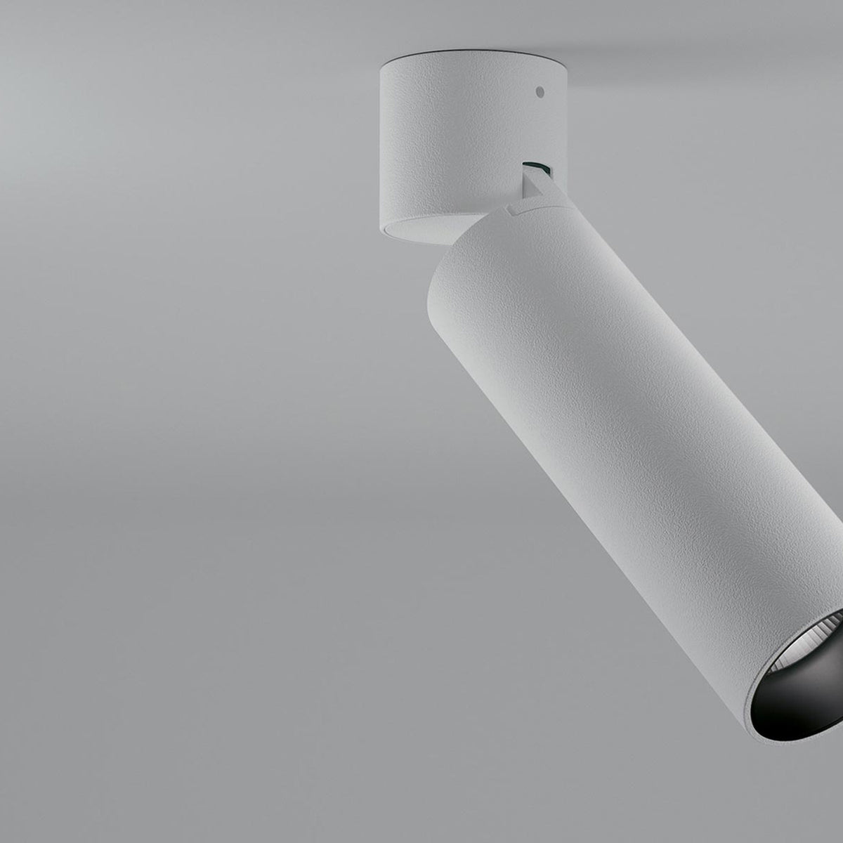 Lola Cylinder LED ceiling light in white, a slim adjustable tube on a round base mounted flush to the ceiling, shown at an angle against a plain grey background.