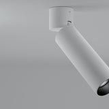 Lola Cylinder LED ceiling light in white, a slim adjustable tube on a round base mounted flush to the ceiling, shown at an angle against a plain grey background.