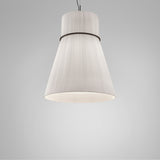 Folie S/70 Ribbon Cone pendant light with white pleated translucent shade shaped as a cylinder over a wide cone, joined by a slim black ring, on a plain light grey background.