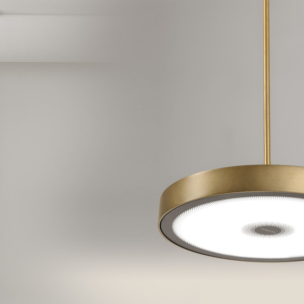Dip Disc LED Pendant Light, a slim round pendant in brushed bronze with a white diffuser disc, suspended from a slender rod against a plain light grey background.