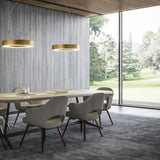 Two Silver Ring gold-finish LED ring pendant lights hang above a dining table in a modern dining room with grey wood-panelled walls and floor-to-ceiling windows.