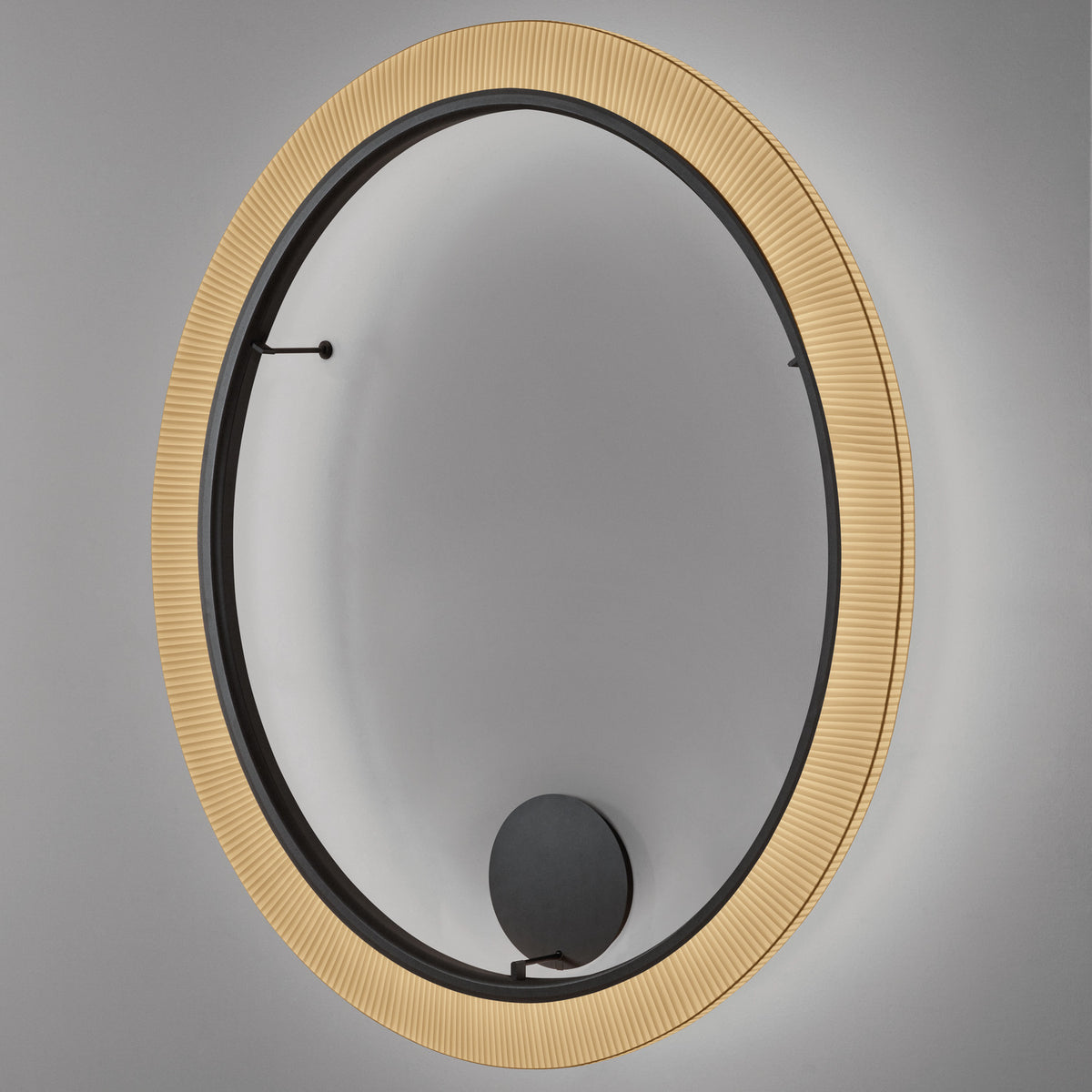 Roda PF/200 ribbon LED wall and ceiling light, a large round fixture with pleated cream translucent ribbon around a matte black inner ring, shown at an angle on a grey background.