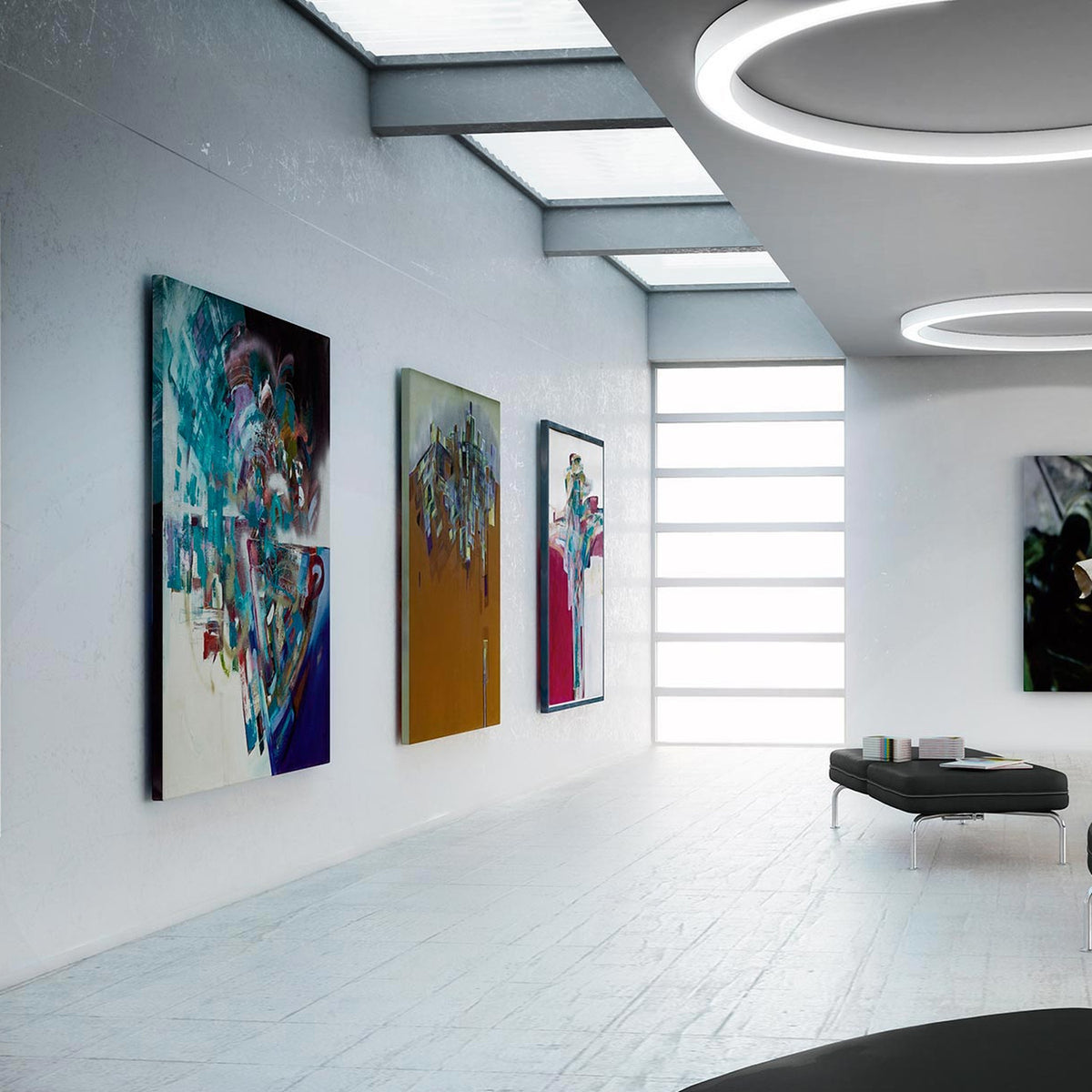 Silver Ring Aluminium Wall & Ceiling Light, 183cm white circular flush fixtures with integrated LED, shown recessed into a gallery ceiling above an art display.