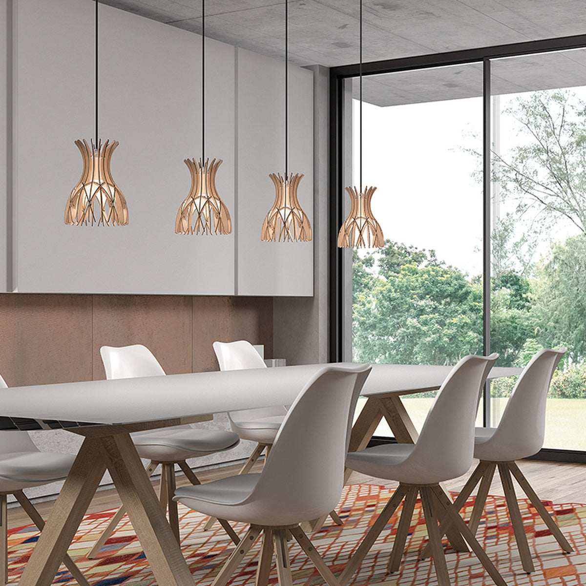 Domita S/20 bell-shaped wood pendant lights with open lattice slats in natural wood and brown, hung over a dining table in a modern living space.