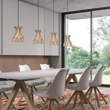 Domita S/20 bell-shaped wood pendant lights with open lattice slats in natural wood and brown, hung over a dining table in a modern living space.