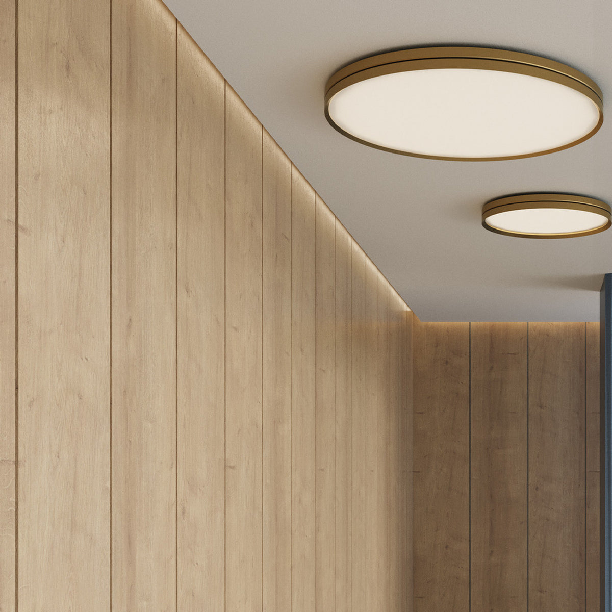 Lite Hole C 60 round LED ceiling lights in gold finish with white diffusers, fitted flush into a sloped ceiling above light wood panelling in a hallway setting.