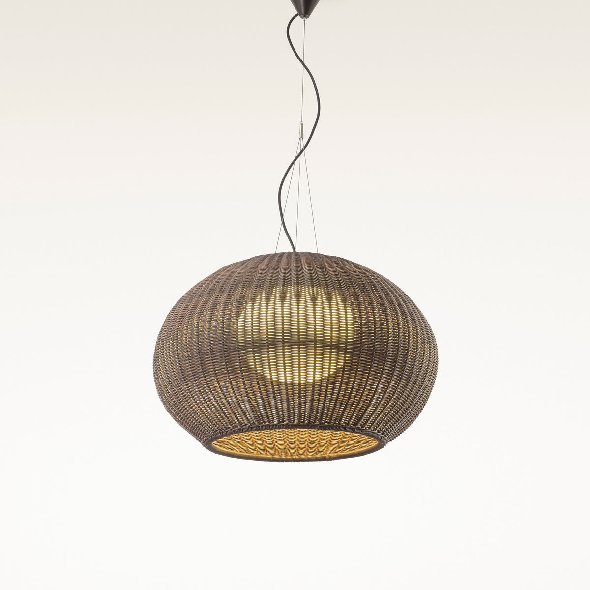 Garota S/02 outdoor pendant light with a flattened globe-shaped woven brown shade, integrated LED glow, suspended from a graphite brown cord on a plain white background.