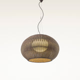 Garota S/02 outdoor pendant light with a flattened globe-shaped woven brown shade, integrated LED glow, suspended from a graphite brown cord on a plain white background.