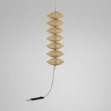 Yuyun S/7L/I pendant light with seven stacked woven beige cotton thread shades on an aluminium and steel frame, shown with cable and inline switch on a plain light background.
