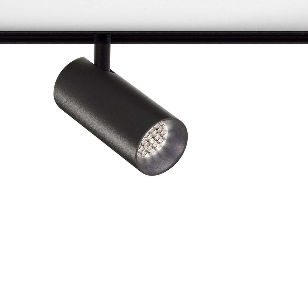 Street 5 Aluminium LED track spotlight in matte black, cylindrical head with honeycomb louvre face on a short stem, mounted to track against a plain white background.