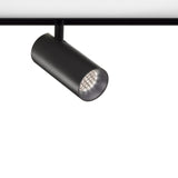Street 5 Aluminium LED track spotlight in matte black, cylindrical head with honeycomb louvre face on a short stem, mounted to track against a plain white background.