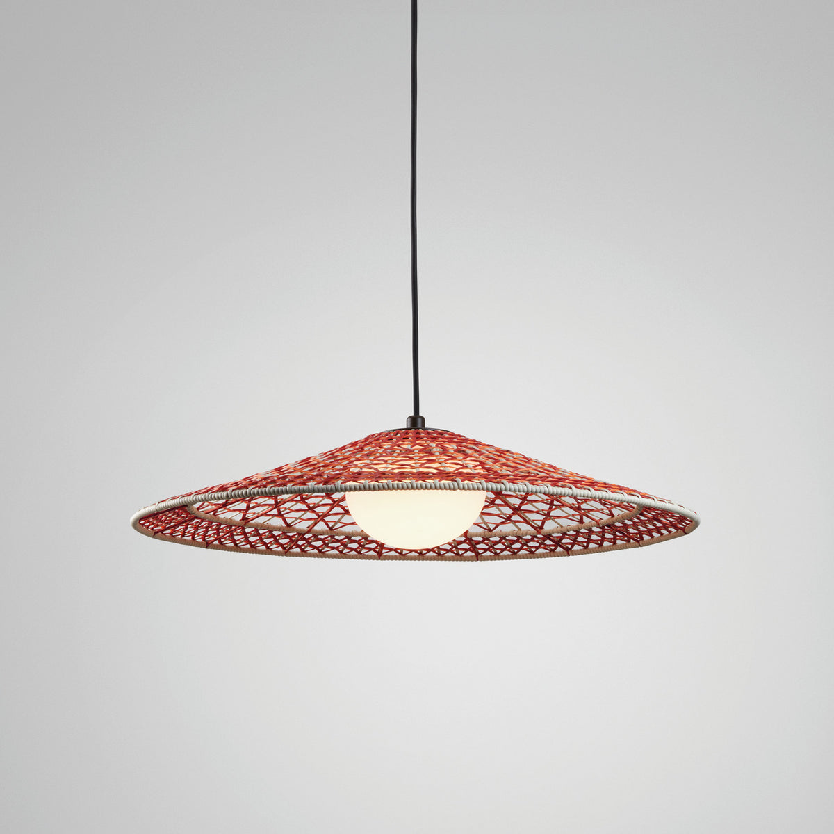 Nans S/55 Woven LED Outdoor Pendant Light in Red, a wide shallow cone shade with open weave detail and a central white globe, on a black cord, shown against a plain light background.