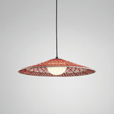Nans S/55 Woven LED Outdoor Pendant Light in Red, a wide shallow cone shade with open weave detail and a central white globe, on a black cord, shown against a plain light background.