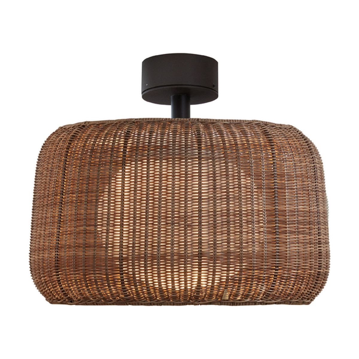 Fora PF semi-flush outdoor ceiling light with a woven Rattan Brown shade, round black canopy and short stem, shown against a plain white background.
