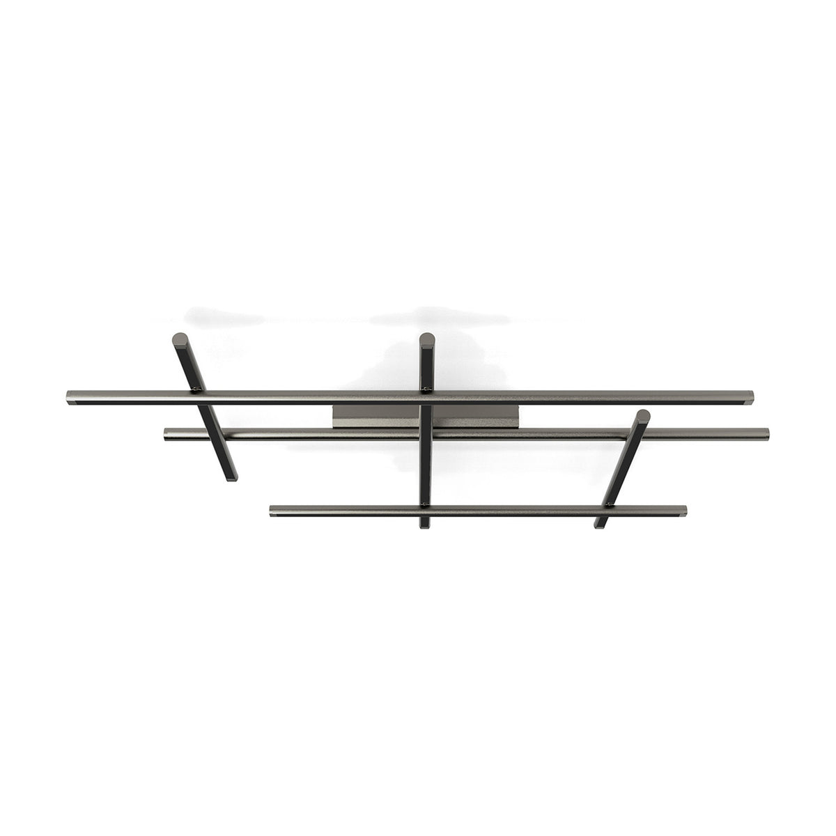 Hilow LED ceiling light with slender brushed titanium bars crossed at an angle, each framed in black diffuser detailing, shown against a plain white background.