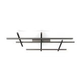 Hilow LED ceiling light with slender brushed titanium bars crossed at an angle, each framed in black diffuser detailing, shown against a plain white background.
