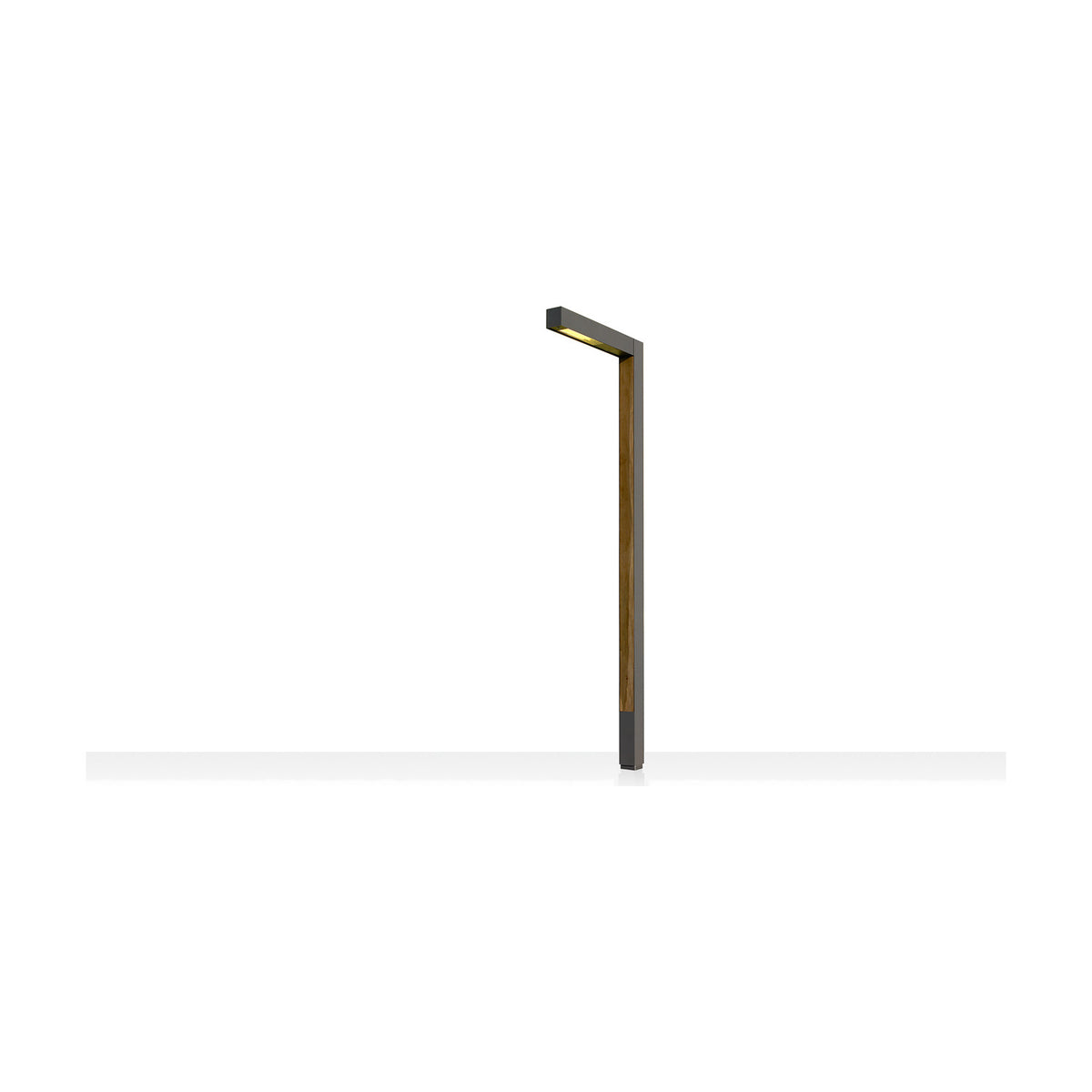 Zenete 300-2 LED bollard light with a tall slim grey steel column, wood-toned inset panel, and angled top arm casting warm white downlight, shown on a plain white background.
