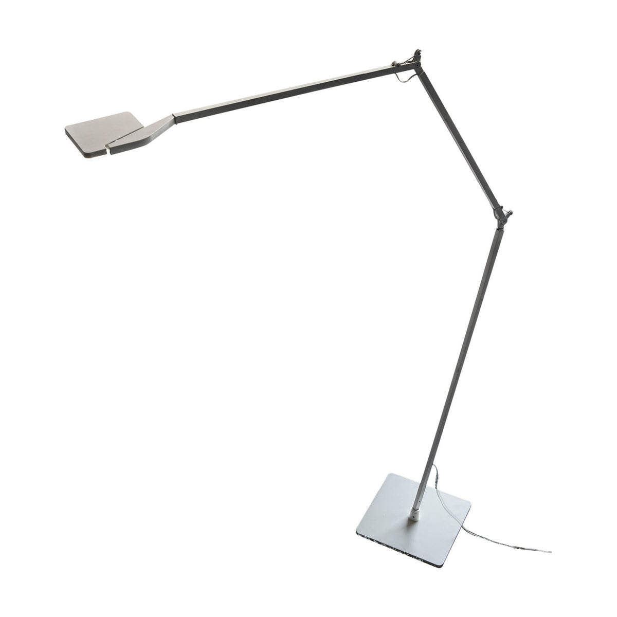 Jackie Aluminium LED Floor Lamp with jointed arm, flat square head and square base in brushed silver finish, shown on a plain white background.