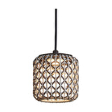 Nans S/16 woven outdoor pendant light with a cylindrical brown fabric shade, black cord and canopy, integrated warm white LED, shown on a plain white background.